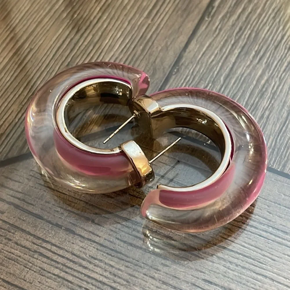 Anthropologie Chunky Resin Hoop Earrings Chic Silver-tone & Purple Lucite Hoop